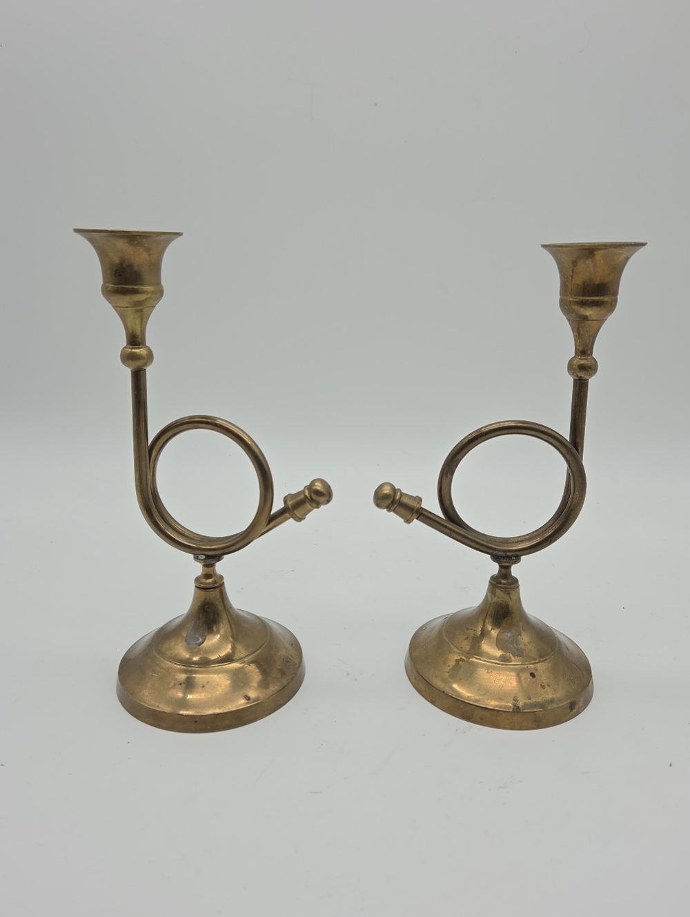 Vintage 2 Brass French Horn Candle Holders Decor